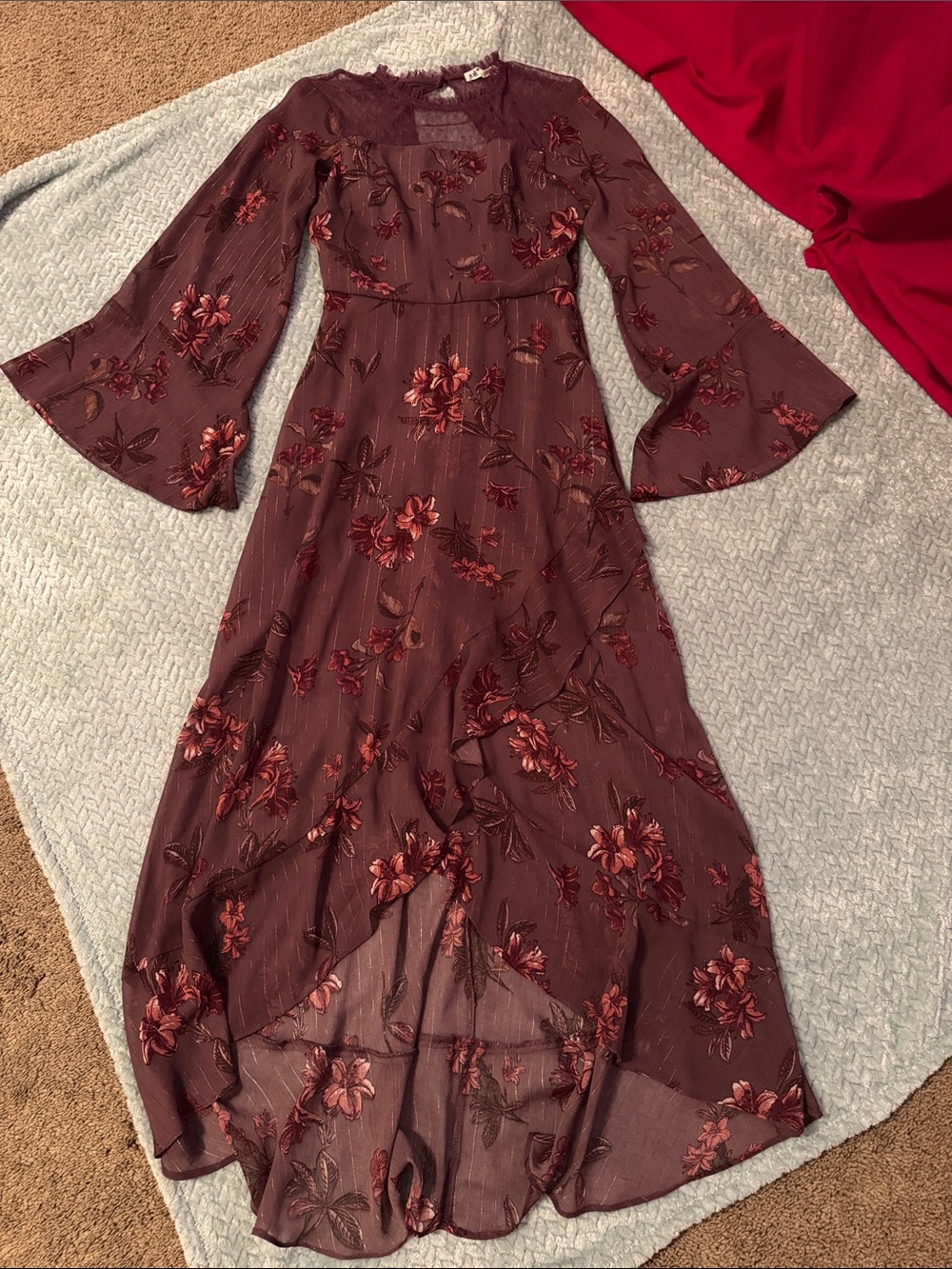 Jolt Burgundy Floral Maxi Dress with Bell Sleeves